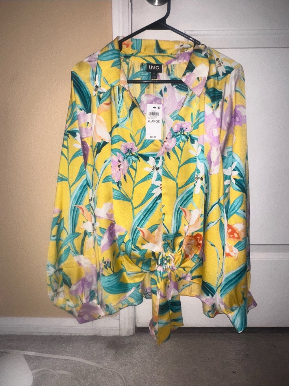 INC International Concepts Yellow Floral Tie-Front Top